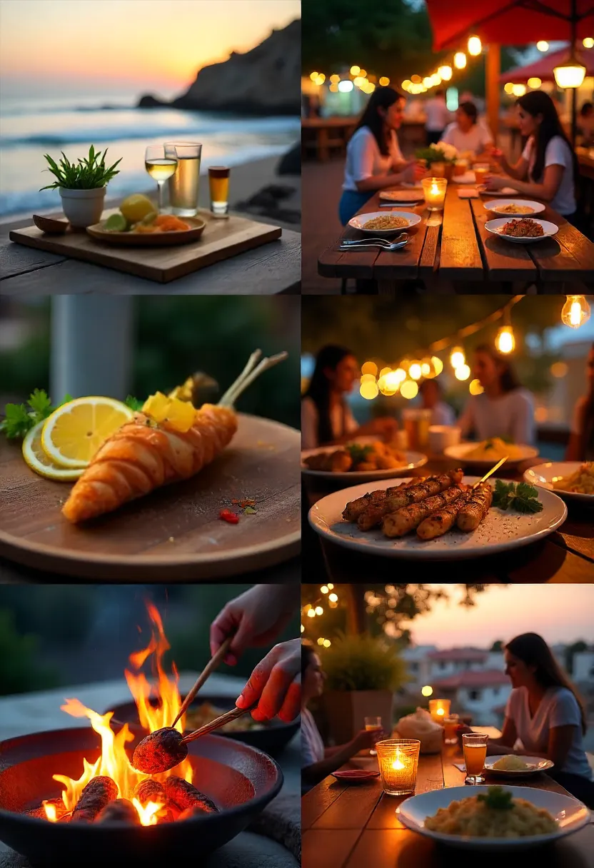 Collage of global twilight dinners: Greece, Mexico, Japan, Morocco at sunset.