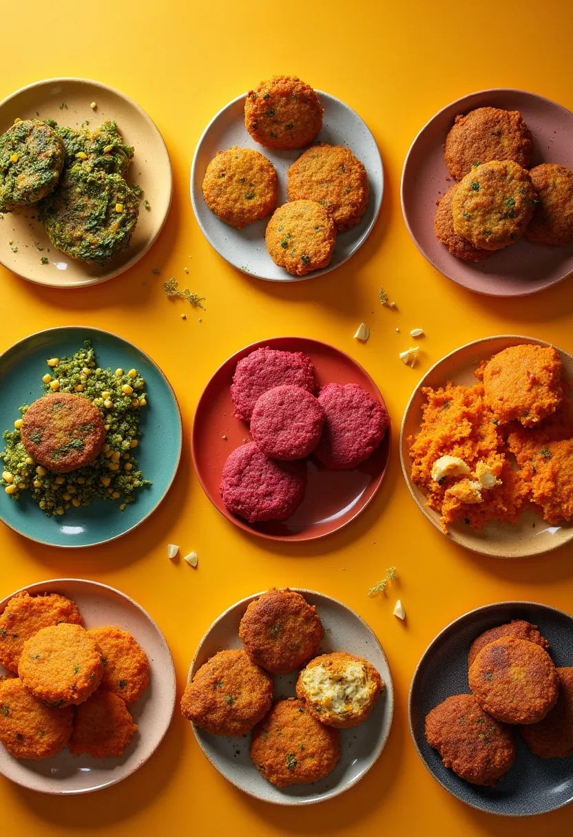 Colorful collage of vegetable cutlet variations: spinach-corn, beetroot, chickpea-lentil, sweet potato, and paneer-tofu.