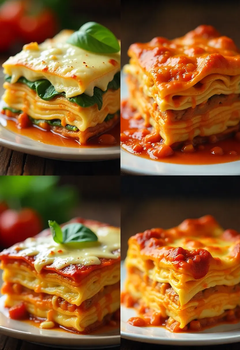 Various lasagna types including vegetarian, white béchamel, spicy, and multi-cheese versions.