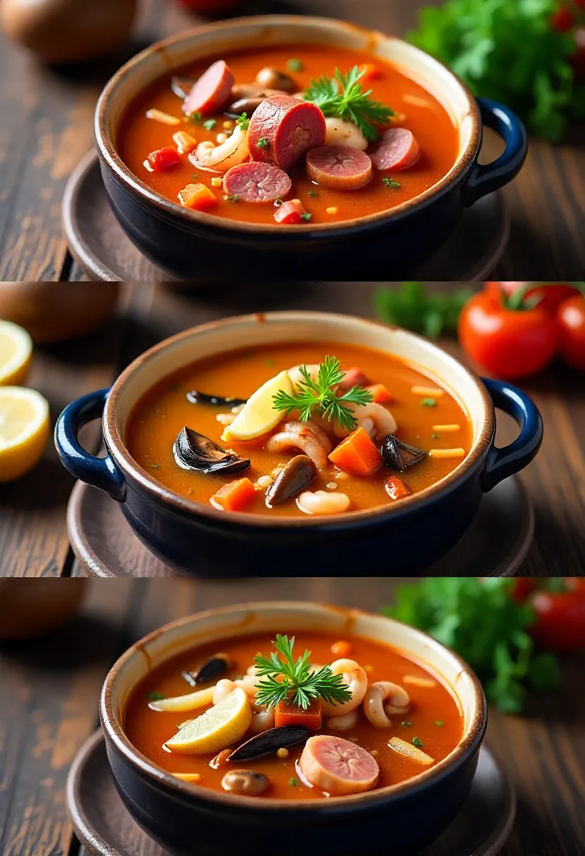 Collage of solyanka variations: Meat Lover’s Feast, Seafood Dream, and Mushroom Magic, each with colorful ingredients and garnishes.