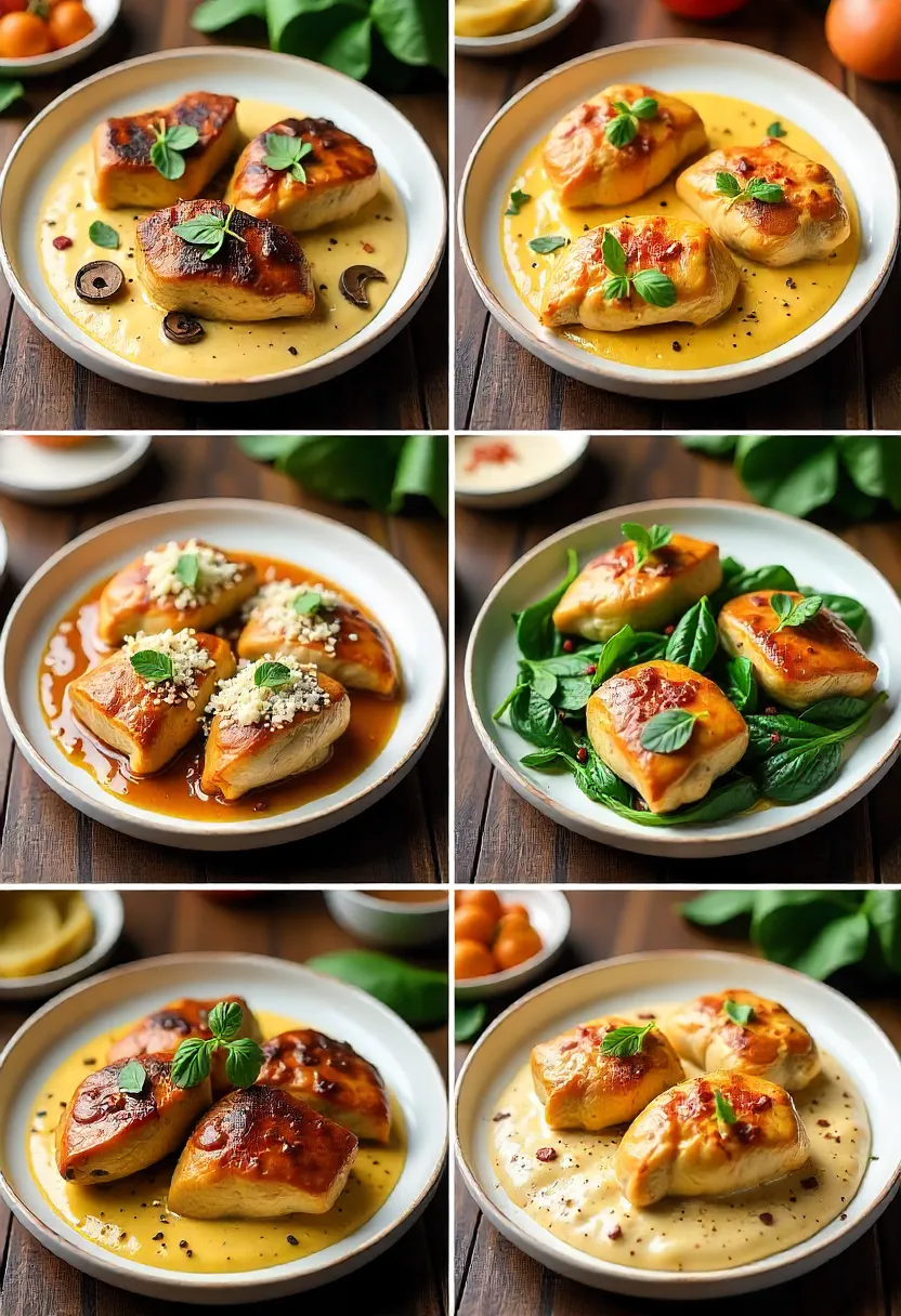 Collage of Marry Me Chicken variations: mushrooms, spinach, pecorino, chili, and chicken thighs.