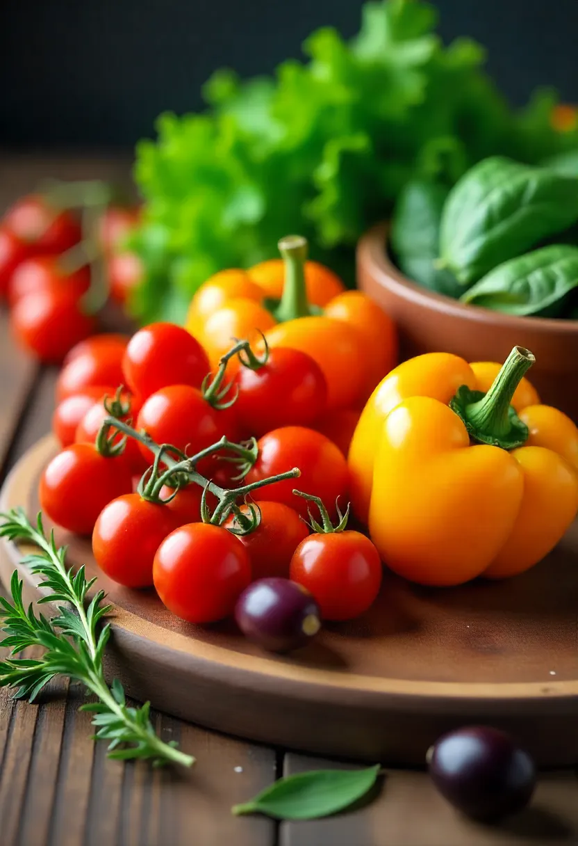 Fresh Mediterranean vegetables and herbs including tomatoes, peppers, greens, olives, and oregano.