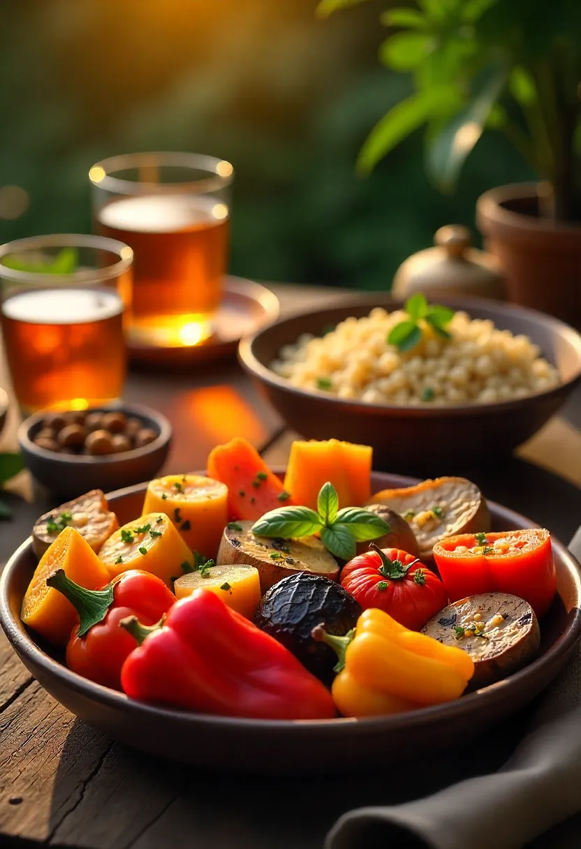 Collage of colorful roasted vegetables, grains, and mint tea at sunset.