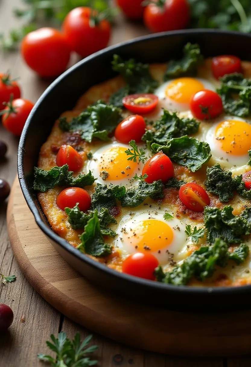 Fresh Mediterranean vegetables with tomatoes, greens, peppers, and olives in a skillet.