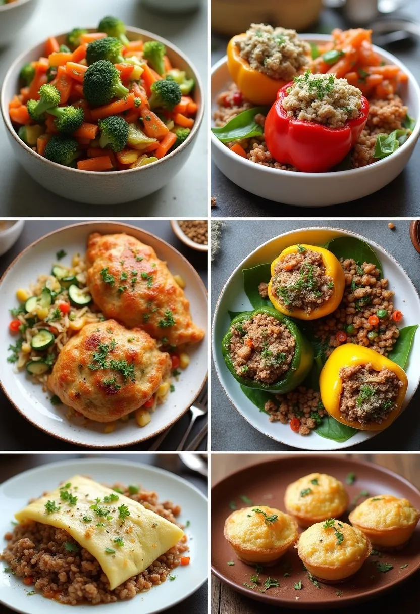 Collage of warm bread-free lunches: stir-fries, stuffed peppers, omelets, frittatas, and mini egg muffins.