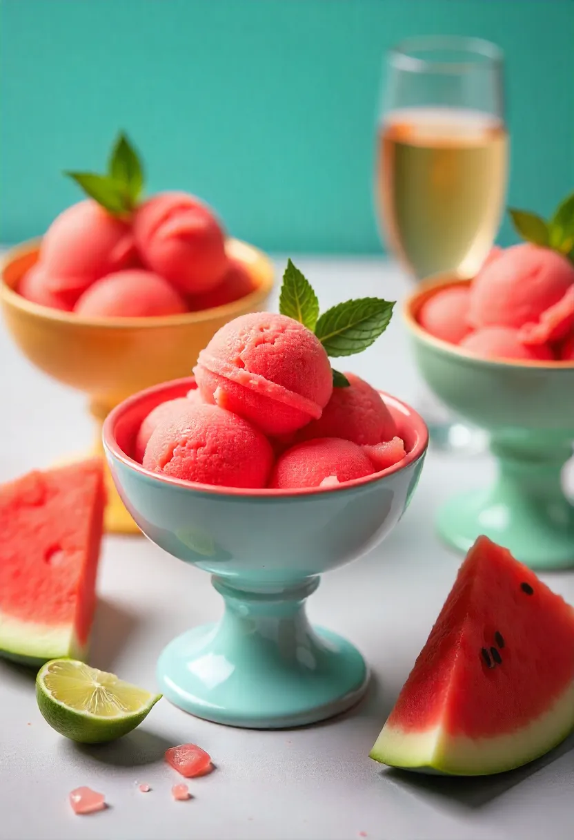 Watermelon sorbet served in bowls and glasses with mint, lime, and fresh watermelon slices.