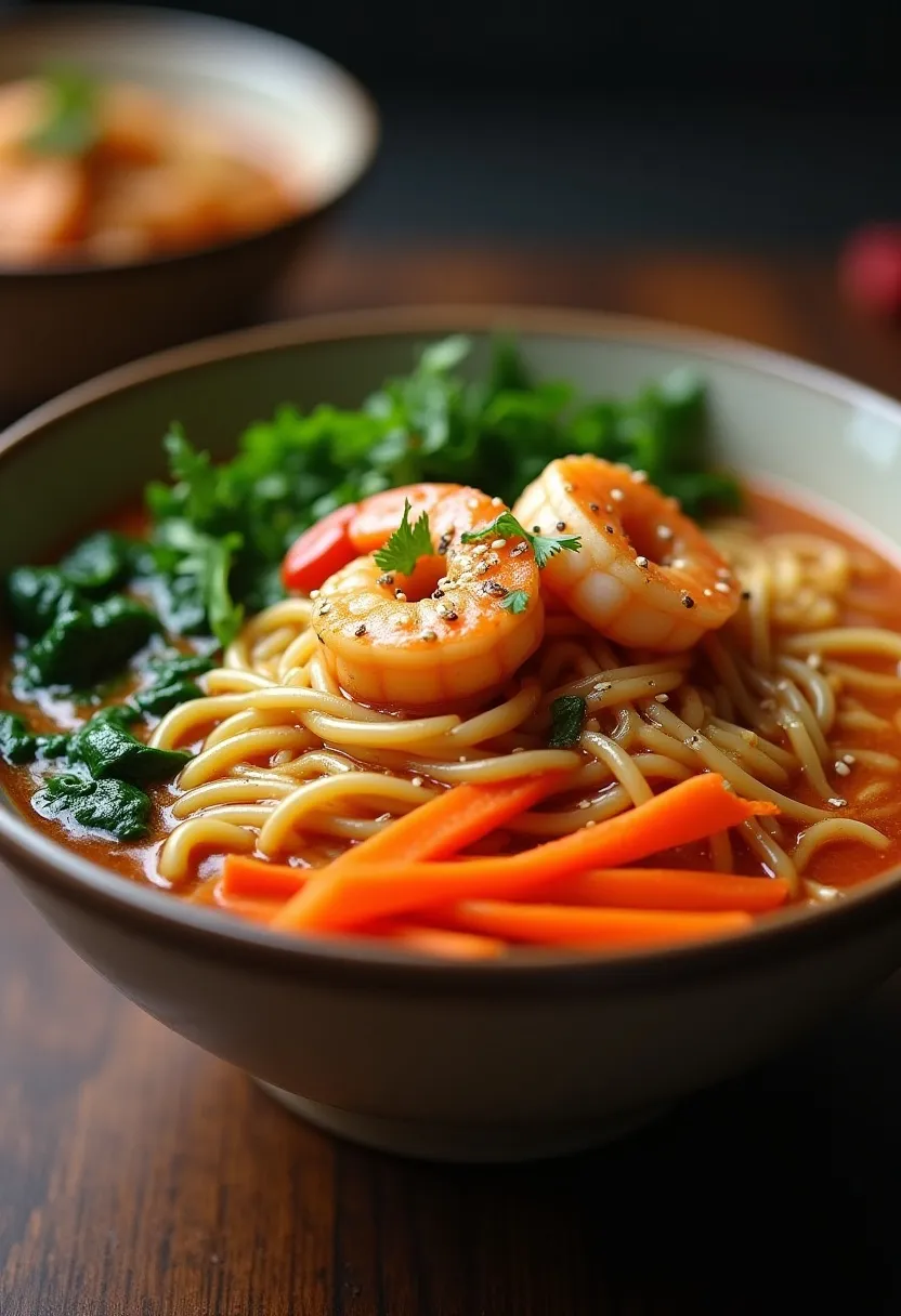 Small bowl of ramen sauce with soy, sesame oil, garlic, and chili flakes.