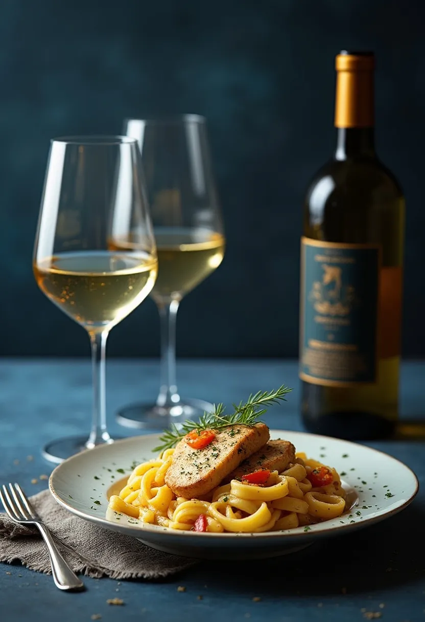 Collage of Tuscan chicken pasta with glasses of white, red, and rosé wine for pairing.