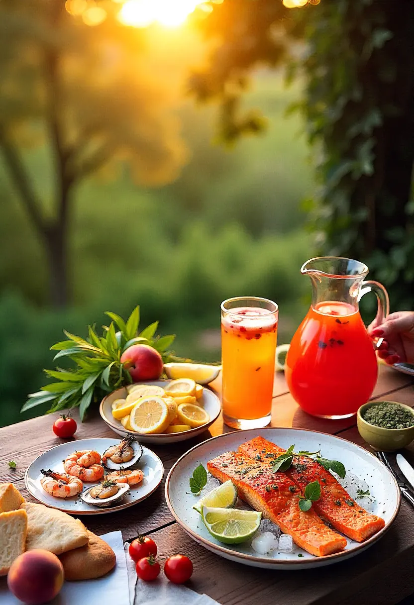 Golden-hour collage of seasonal foods, grilled seafood, and a cozy outdoor dinner.
