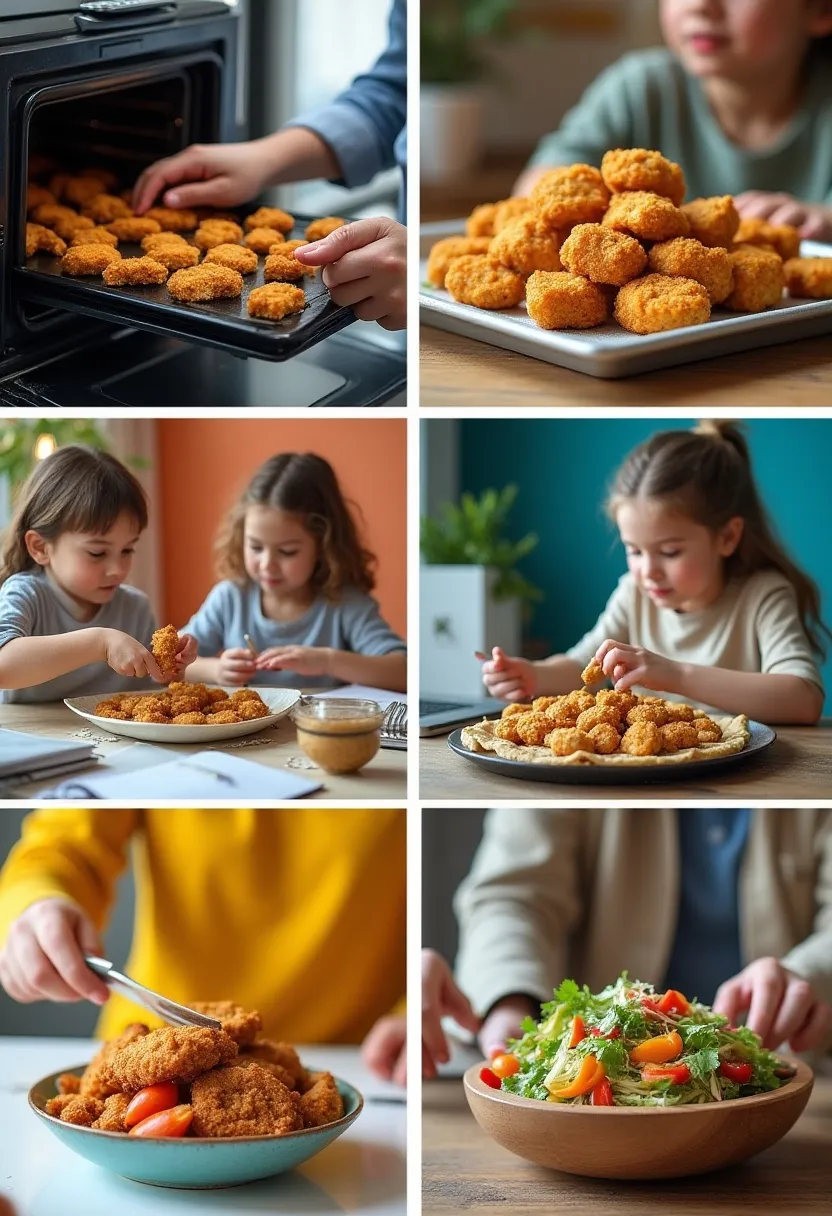 Collage showing baked shawarma and nuggets being enjoyed by professionals, kids, students, and health-conscious adults.