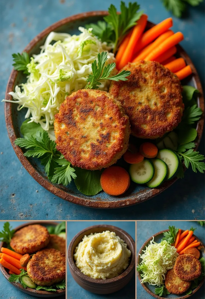 Collage of vegetable cutlets with fresh cabbage, carrots, zucchini, and potatoes, highlighting health benefits.