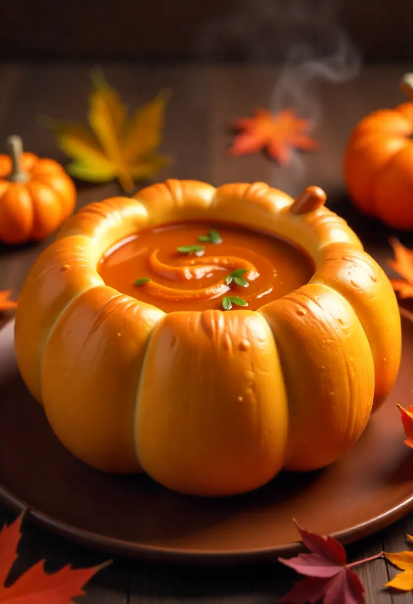 Pumpkin-shaped bread bowl filled with steaming soup, surrounded by autumn leaves and small pumpkins.