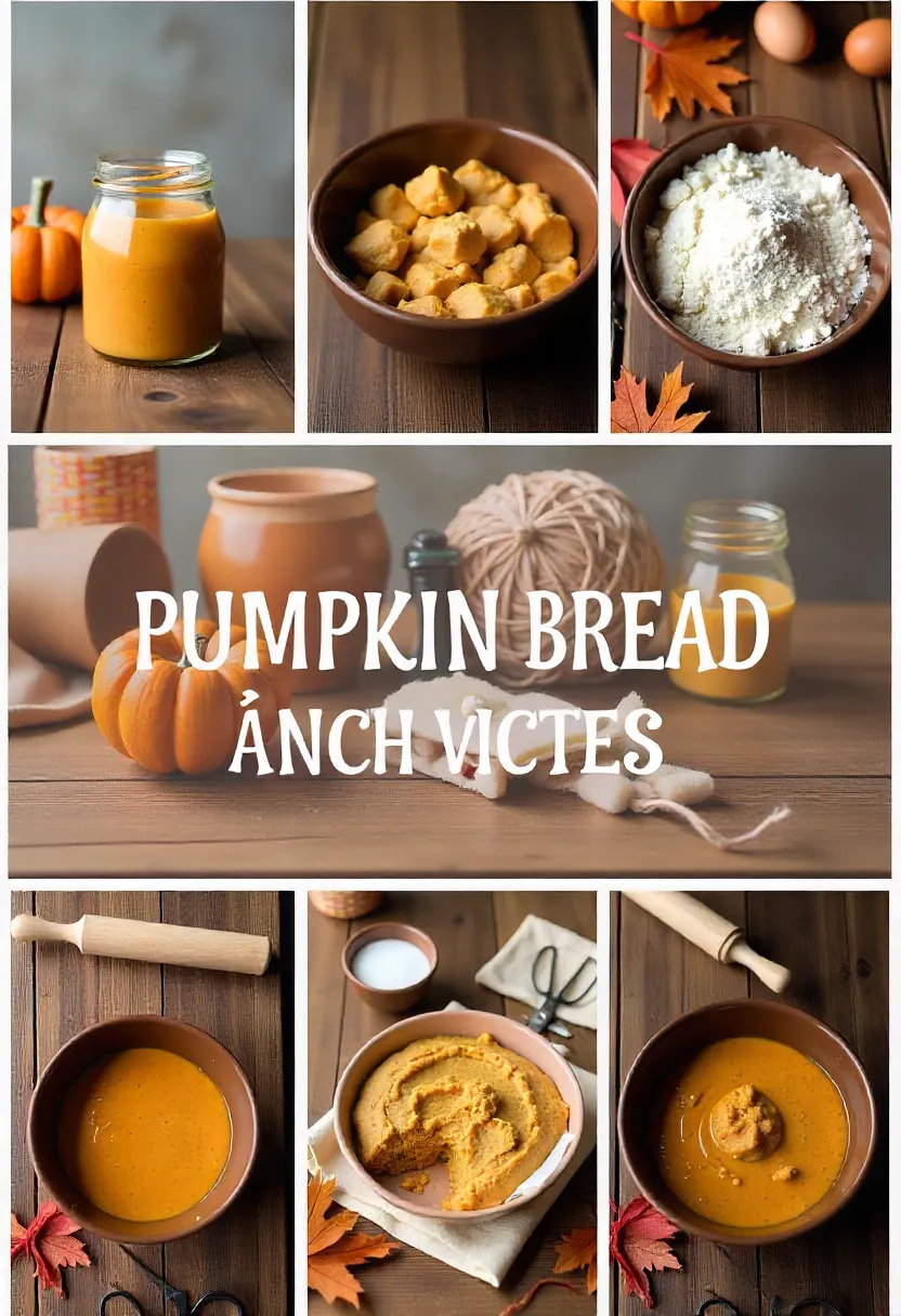 Collage of ingredients and tools for pumpkin bread bowls: mixing bowl, pumpkin purée, flour, sugar, egg, olive oil, string, scissors, and pastry brush.