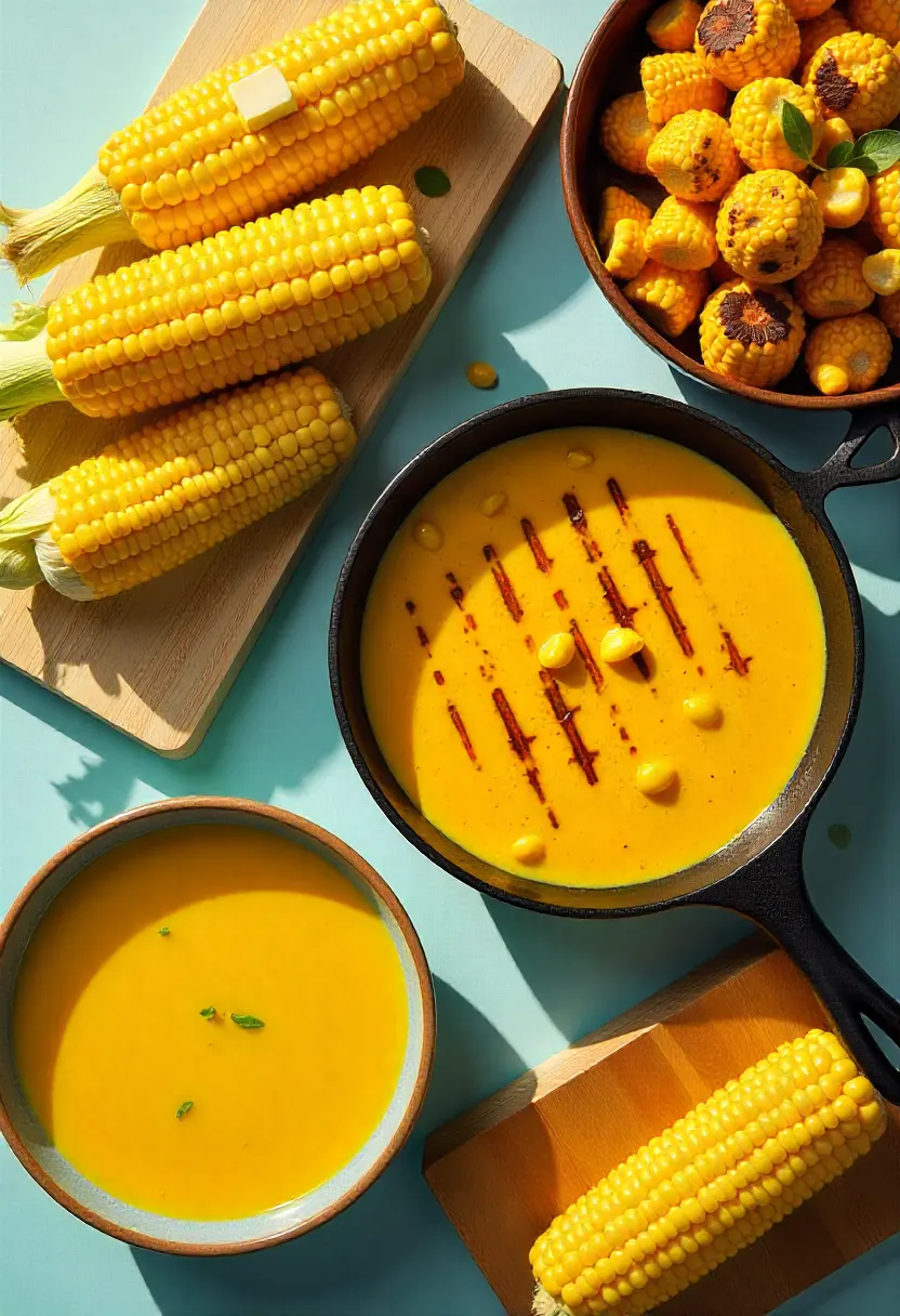 Different methods of cooking corn: boiled, grilled, sautĂŠed kernels, corn chowder, and fresh corn in husks displayed together.