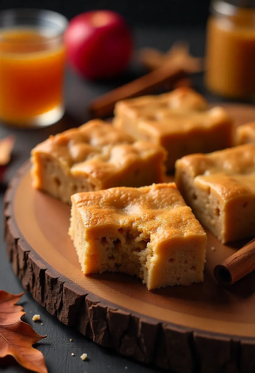 Golden apple cider blondies cut into squares on a rustic board with apple cider and cinnamon sticks nearby.