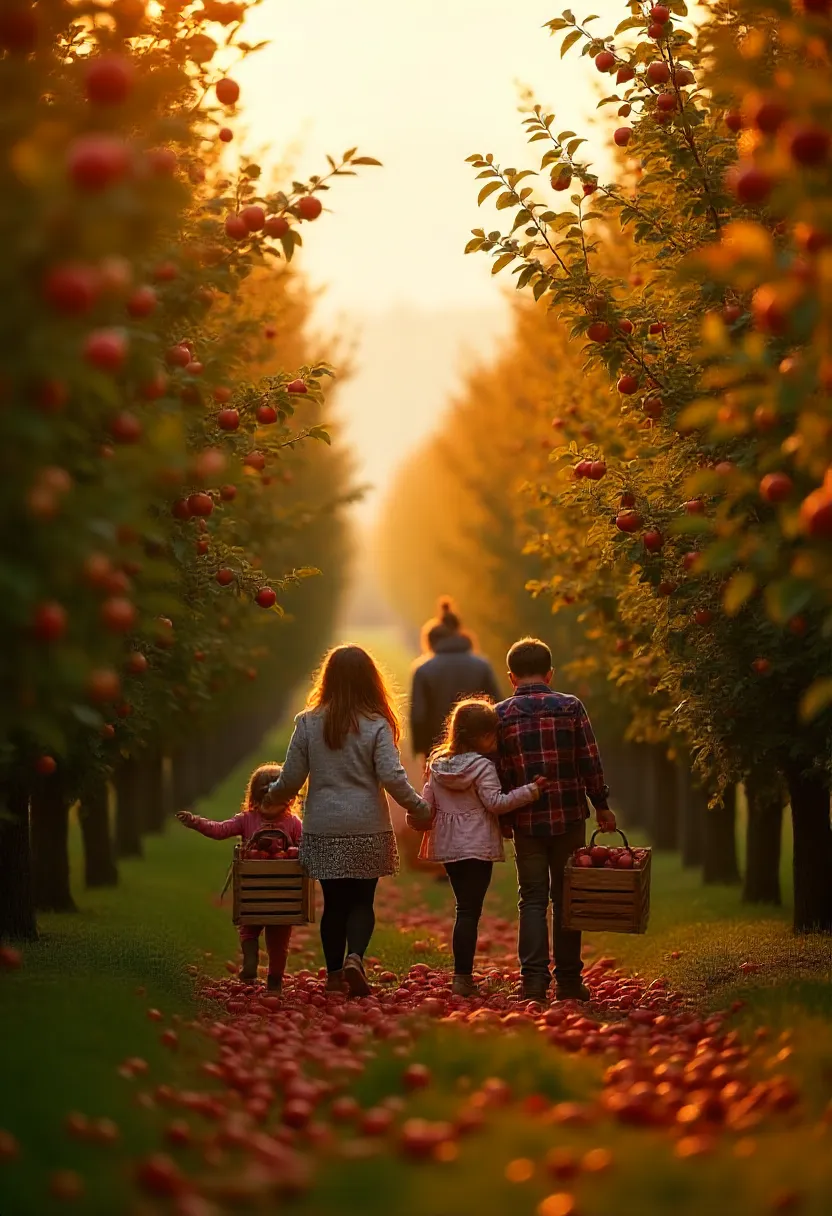 Family picking apples at a sunny fall orchard with baskets filled with ripe red and green apples.