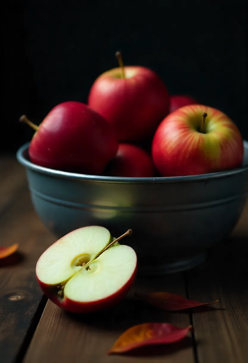 Red and green apples in a bowl with one apple sliced open on a rustic wooden table.