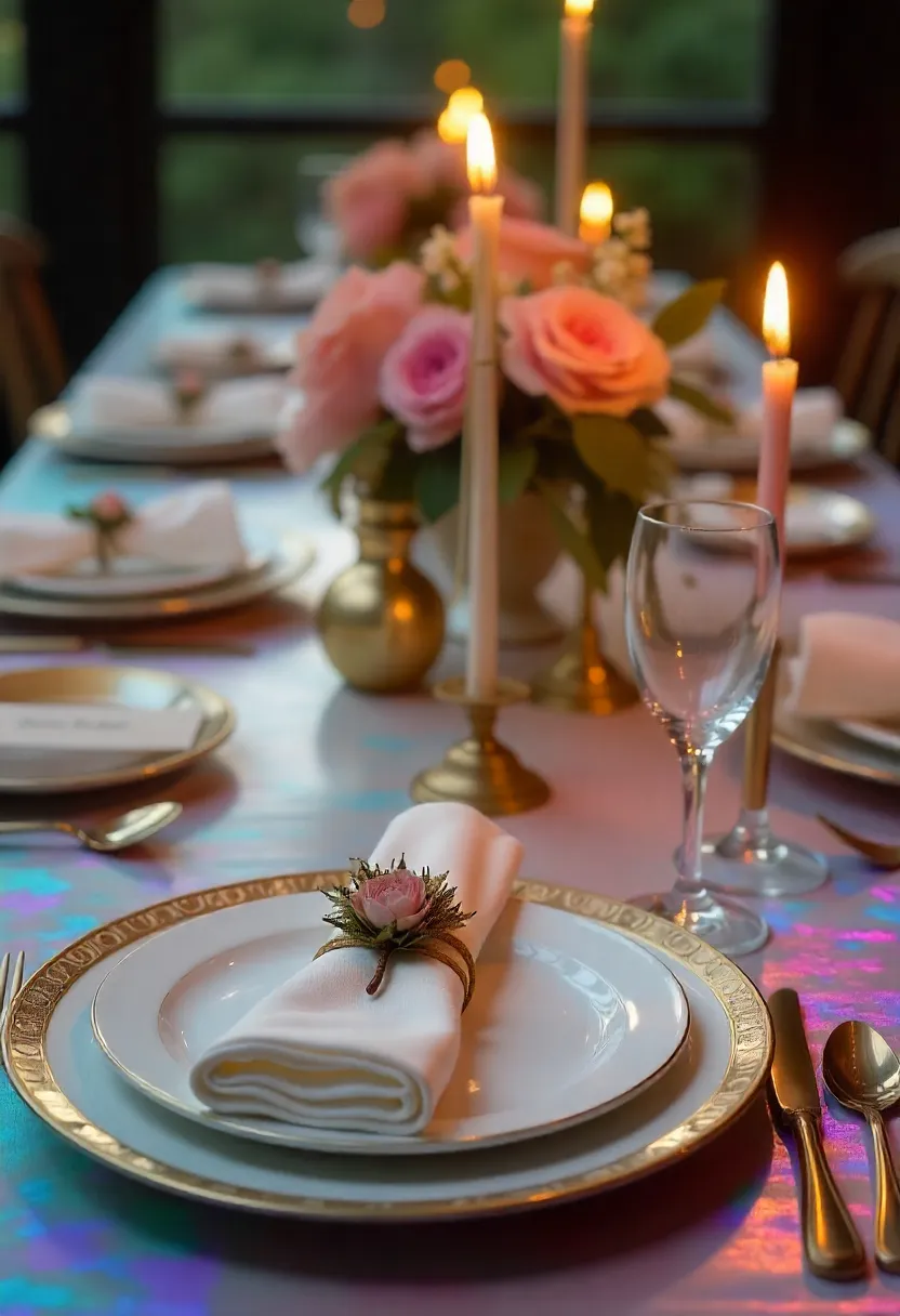 Elegant party table setting with floral centerpieces, candles, folded napkins, and personalized place cards creating a refined and welcoming atmosphere.