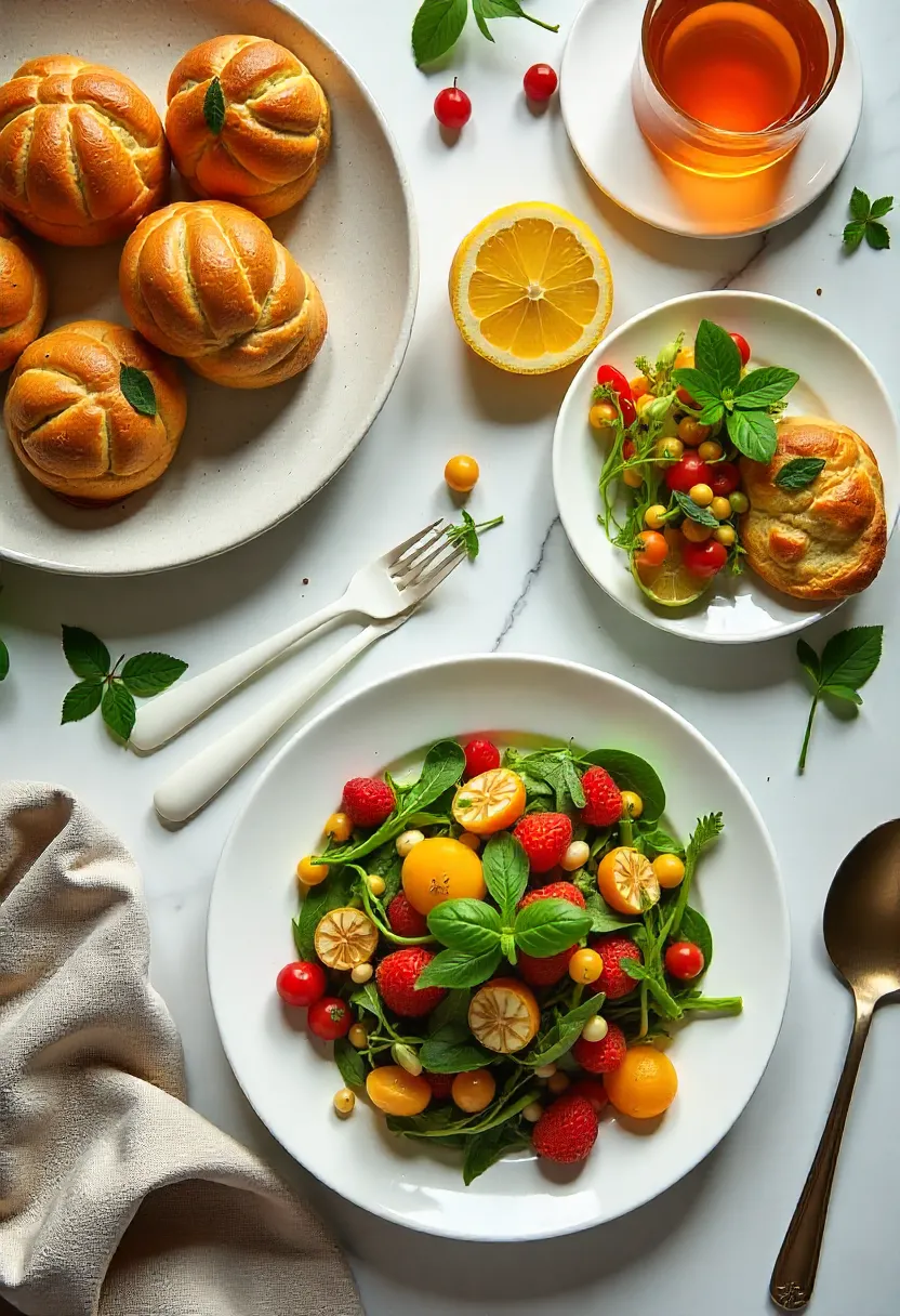 Flat lay of colorful food dishes and styling tools arranged artistically on a marble surface, showing the creative process of food photography from above.