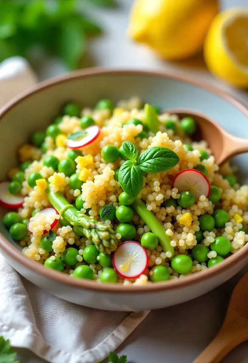 Fresh asparagus and lemon quinoa salad with peas, radishes, and herbs in a ceramic bowl, served with lemon wedges and spring decor.