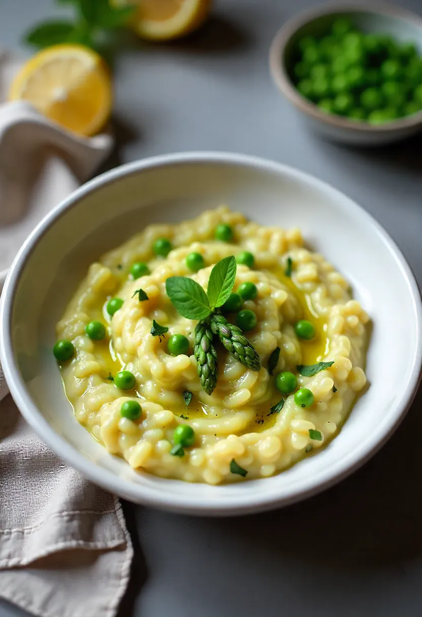 Creamy asparagus and pea risotto garnished with fresh herbs and lemon zest, served in a white bowl on a rustic spring table.
