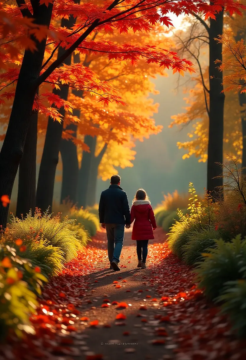 People hiking through a colorful autumn forest trail, admiring vibrant fall foliage under golden sunlight.