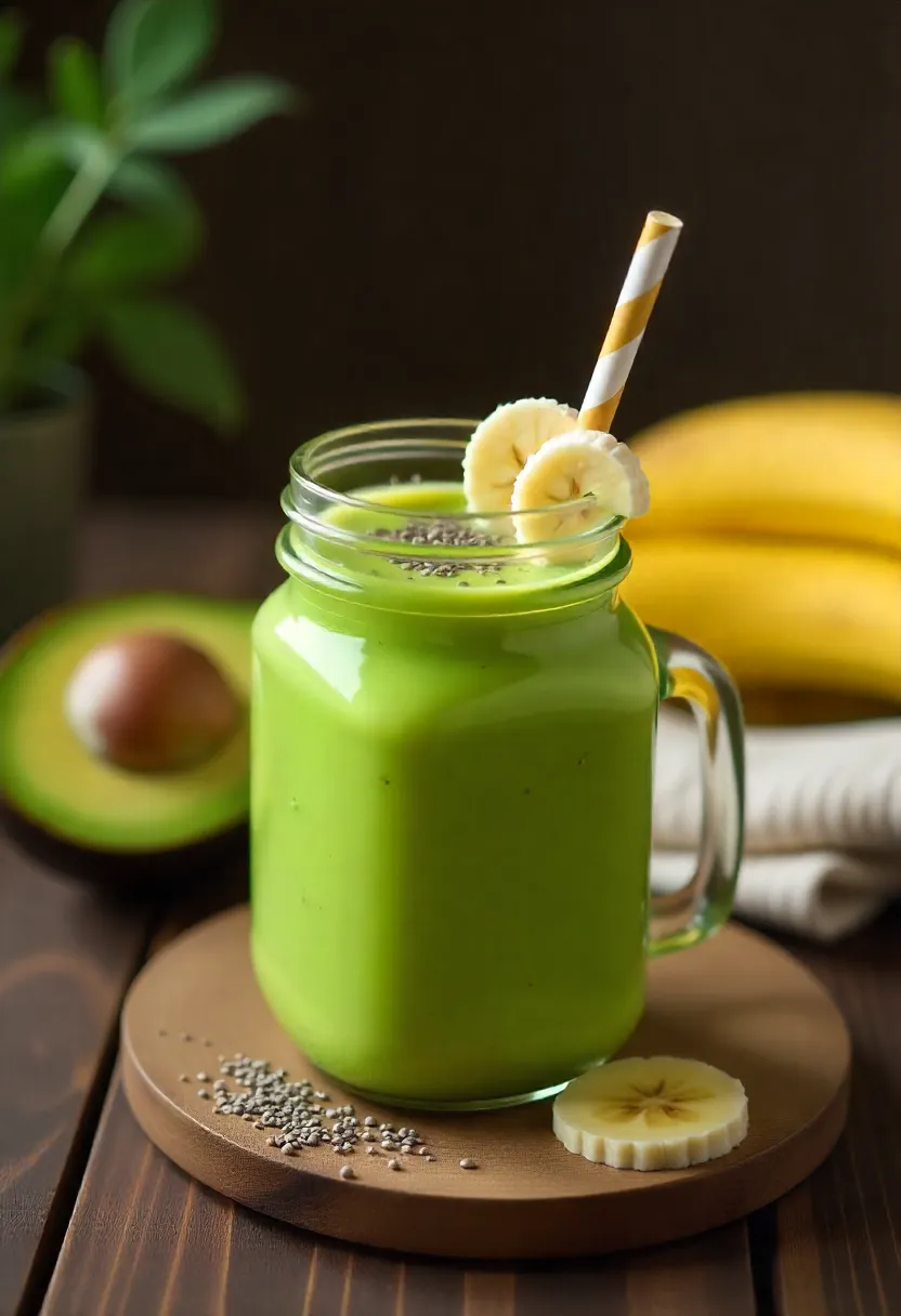 Avocado banana smoothie in a glass jar with banana slices and chia seeds, surrounded by fresh fruit on a wooden table.