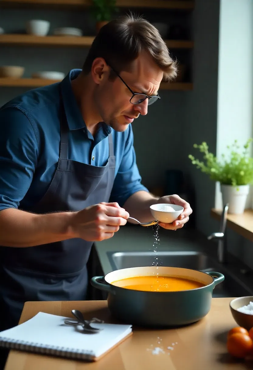 Home cook tasting soup while checking seasoning, with salt and measuring tools nearby.