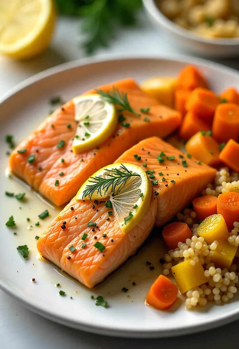 Baked salmon fillets with lemon slices and herbs, served with roasted vegetables and quinoa.