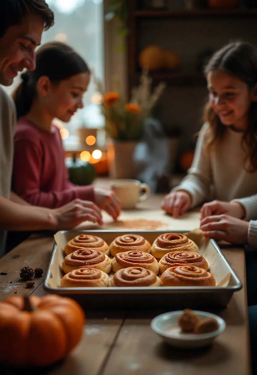 Family baking cinnamon rolls together in a cozy fall kitchen with dough, cinnamon sugar, and steaming rolls fresh from the oven.