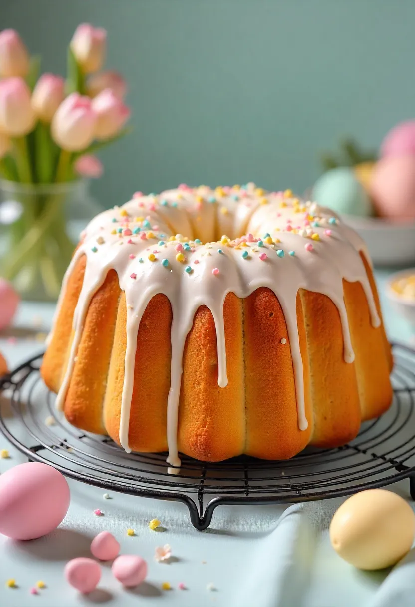 Freshly baked kulich Easter bread with white glaze and colorful sprinkles, cooling on a wire rack and decorated for Easter celebration.