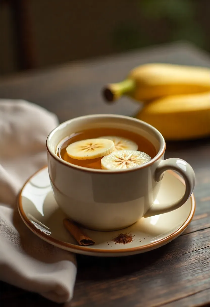Banana tea in a ceramic mug with cinnamon, served on a wooden table as a soothing bedtime drink.