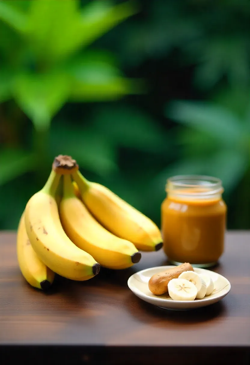 Fresh ripe bananas in a bunch with one sliced next to peanut butter on a rustic table.