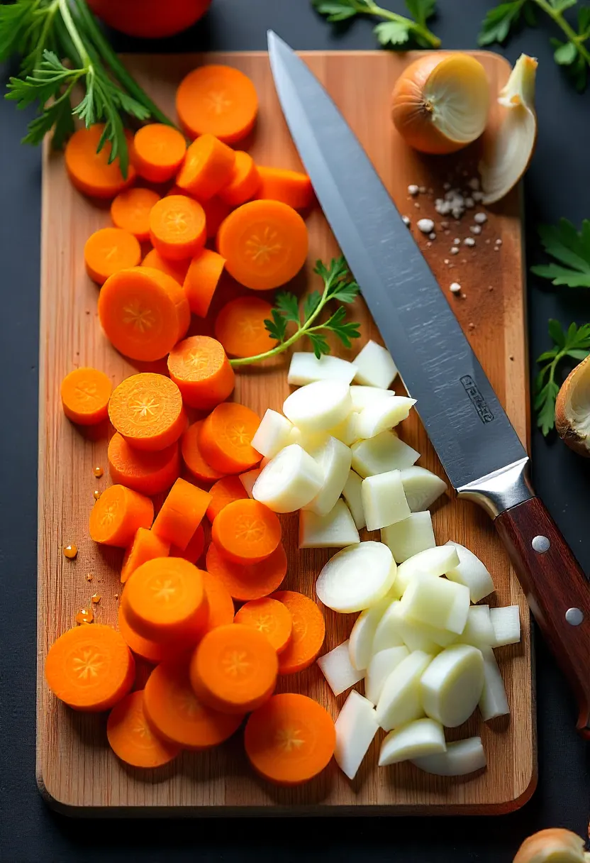 Realistic photo of a cutting board with neatly sliced, chopped, and minced vegetables beside a chef’s knife, demonstrating basic knife skills.