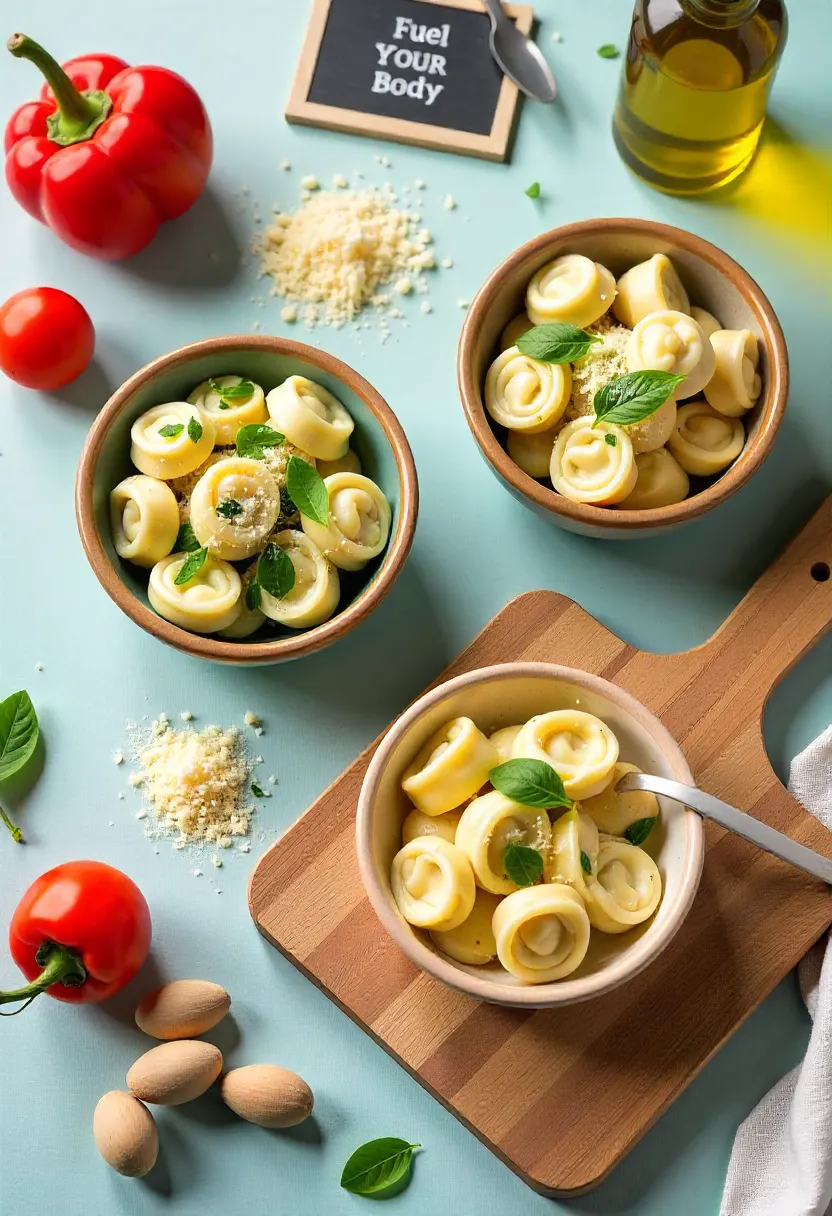Assorted healthy tortellini with colorful vegetables, herbs, and olive oil displayed in a flat lay setup.