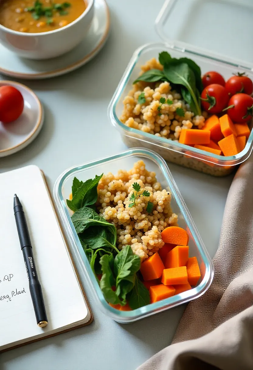 Meal prep containers with quinoa, roasted vegetables, chicken, and lentil soup next to a notebook labeled meal prep plan, showing the benefits of meal prepping.