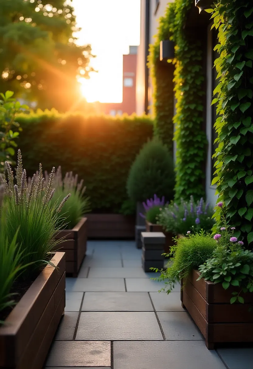 Vertical garden with lush greenery and planter boxes on a small patio, showcasing space-saving gardening benefits.