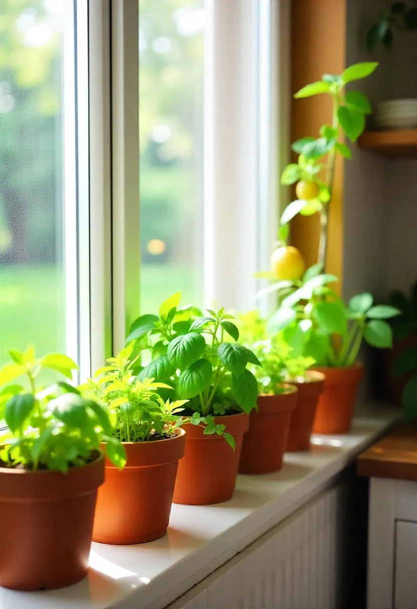 Kitchen windowsill garden with herbs, strawberries, and a small lemon tree in planter boxes for small-space gardening.