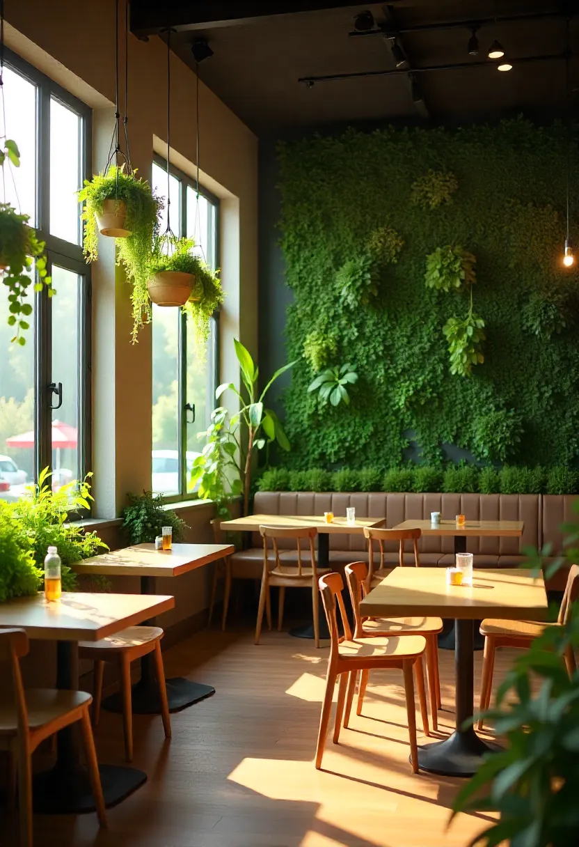 Restaurant with green wall, hanging planters, and natural light showcasing biophilic interior design.