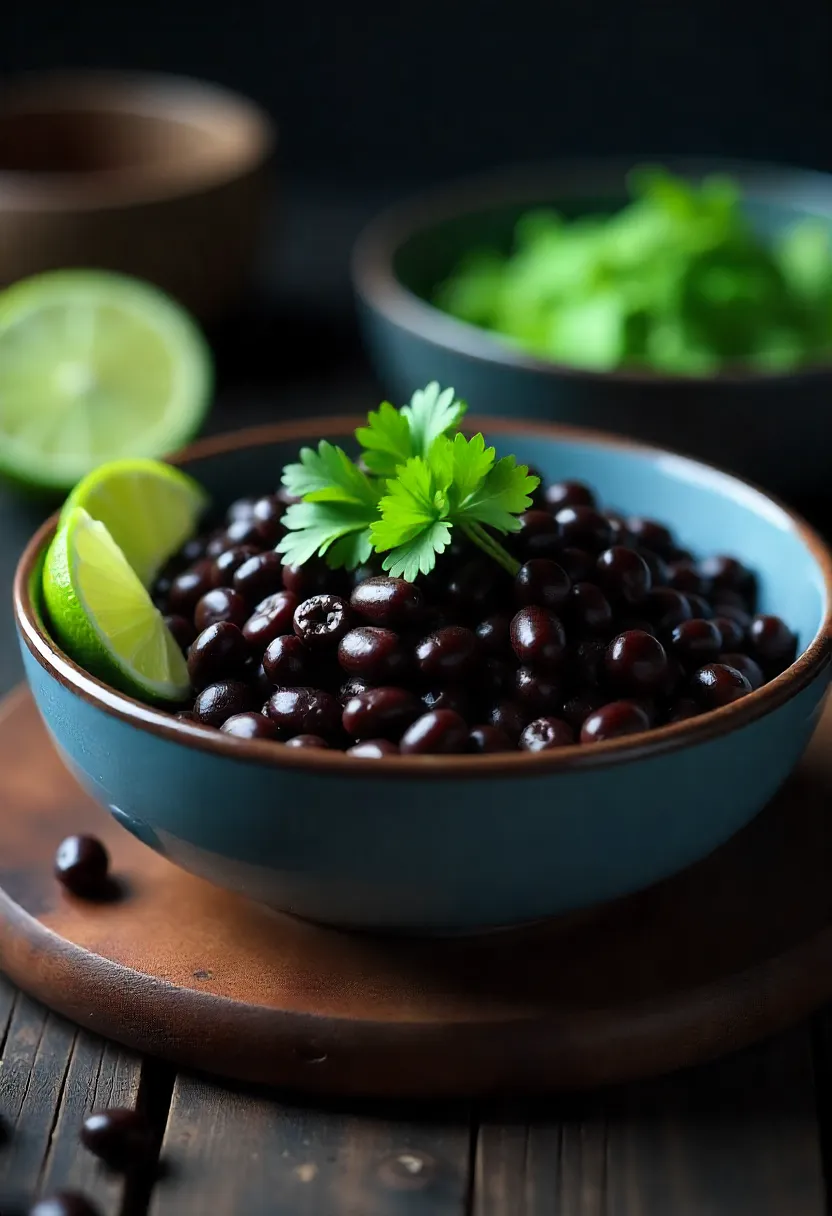 Bowl of cooked black beans with cilantro and lime on a rustic table.