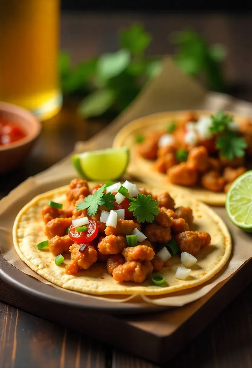 Tacos filled with juicy, spice-rich meat, topped with cilantro, onions, and salsa, showing the bold flavor achieved by blooming spices.