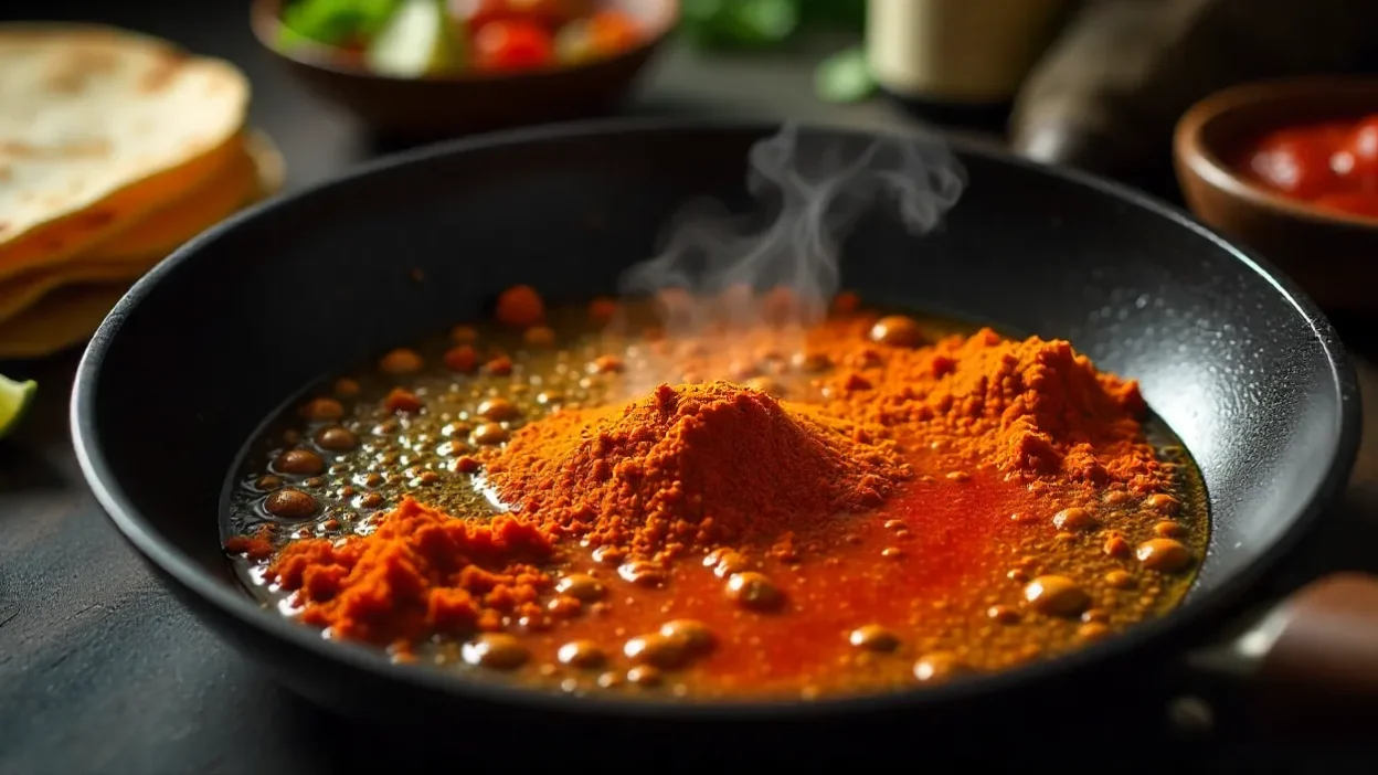 Overhead view of taco spices sizzling in hot oil in a skillet, releasing aroma before adding meat, with taco toppings in the background.