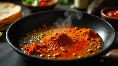 Overhead view of taco spices sizzling in hot oil in a skillet, releasing aroma before adding meat, with taco toppings in the background.