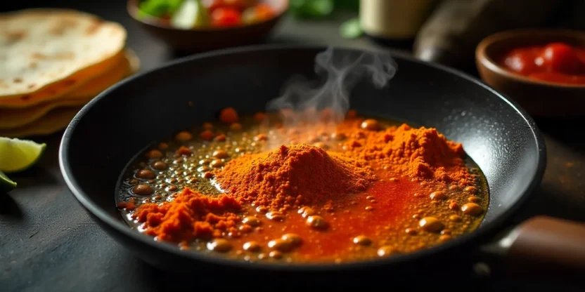 Overhead view of taco spices sizzling in hot oil in a skillet, releasing aroma before adding meat, with taco toppings in the background.