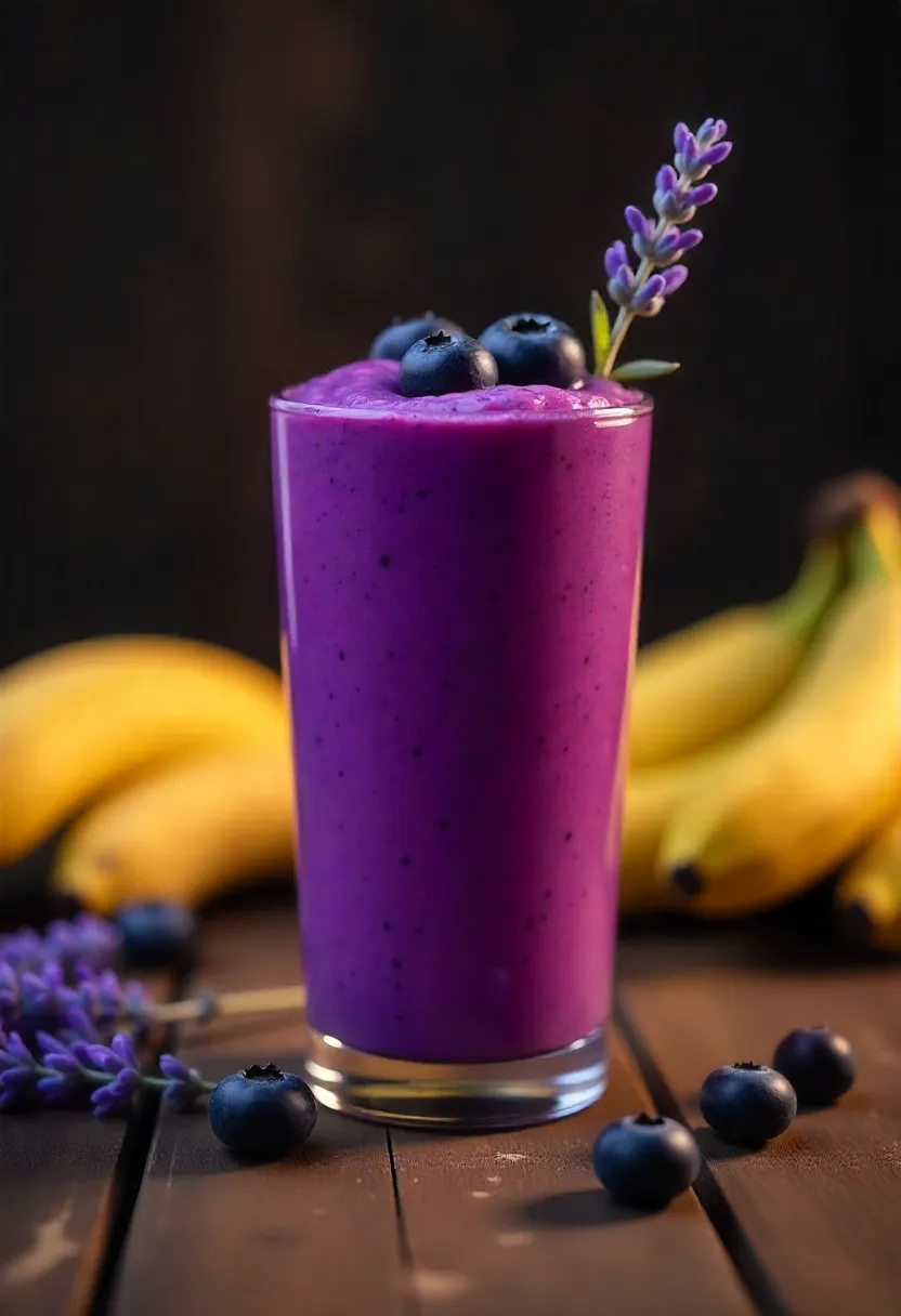 Blueberry smoothie with lavender and banana on a wooden table, served in a tall glass as a calming bedtime drink