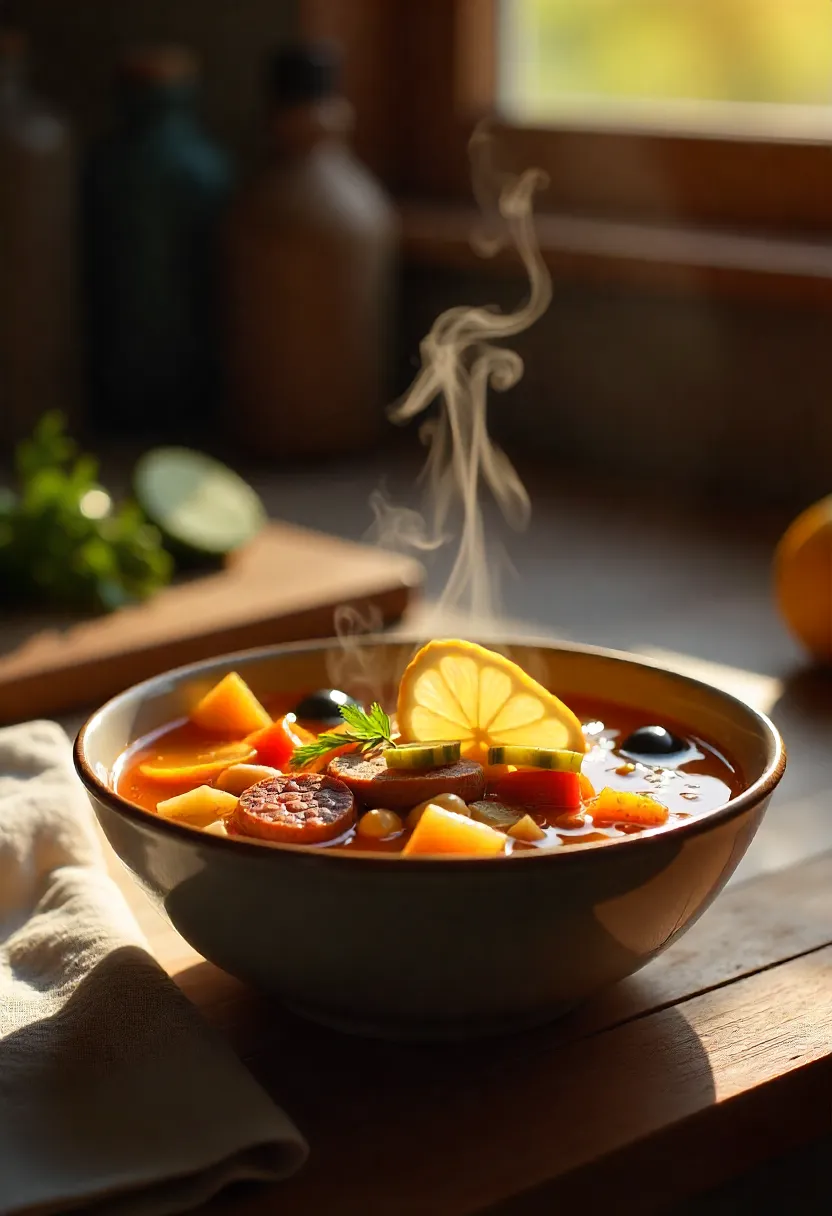 A steaming bowl of solyanka soup with sausage, vegetables, pickles, olives, and a lemon wedge in a cozy kitchen setting.