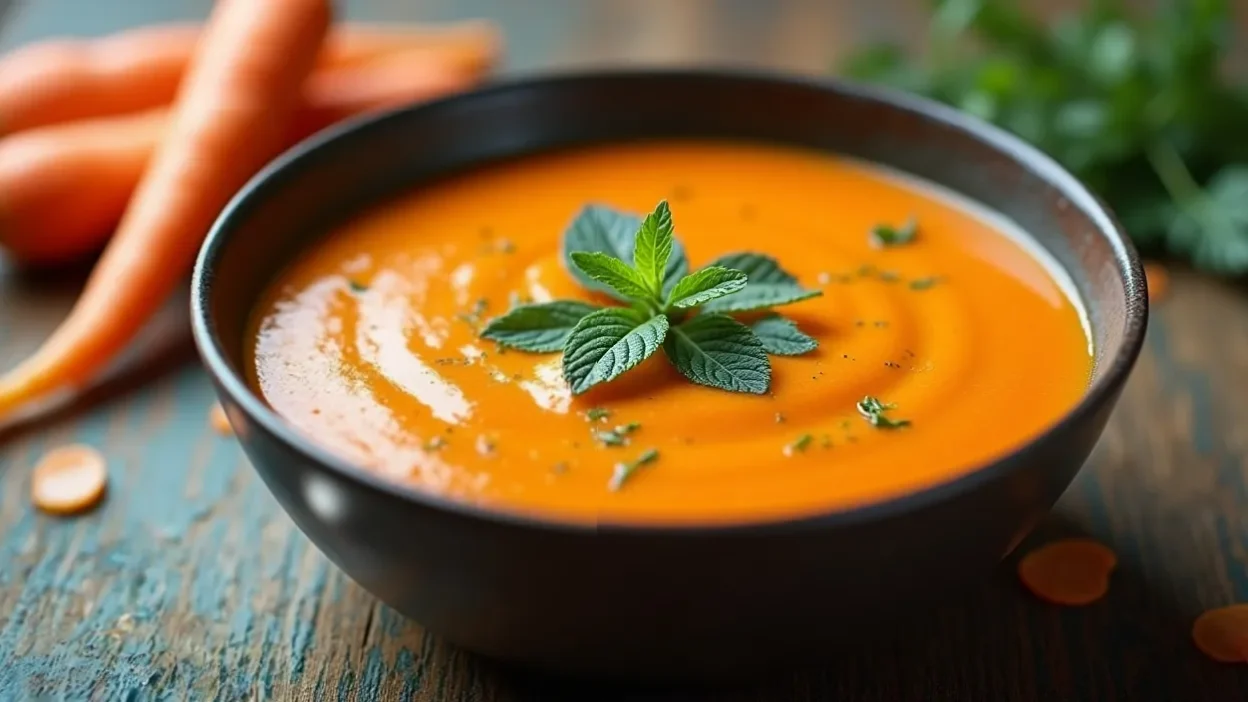 Bright carrot soup with mint in a bowl on a rustic table.