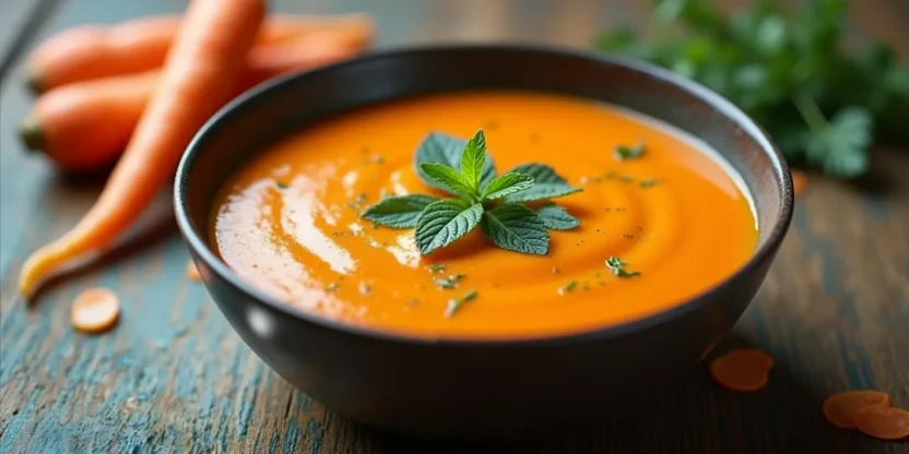 Bright carrot soup with mint in a bowl on a rustic table.