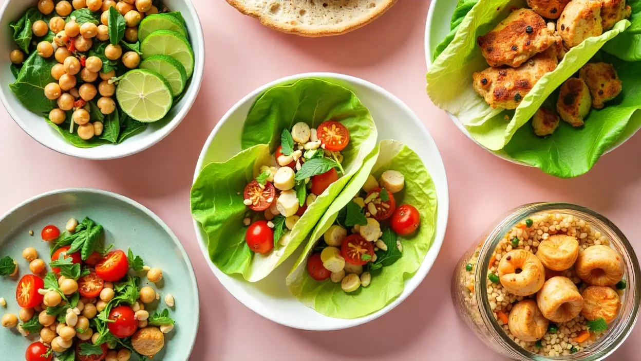Assorted bread-free lunch ideas including salads, lettuce wraps, rice paper rolls, quinoa bowls, and a mason jar salad on a bright table.
