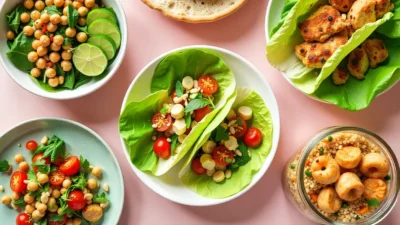 Assorted bread-free lunch ideas including salads, lettuce wraps, rice paper rolls, quinoa bowls, and a mason jar salad on a bright table.